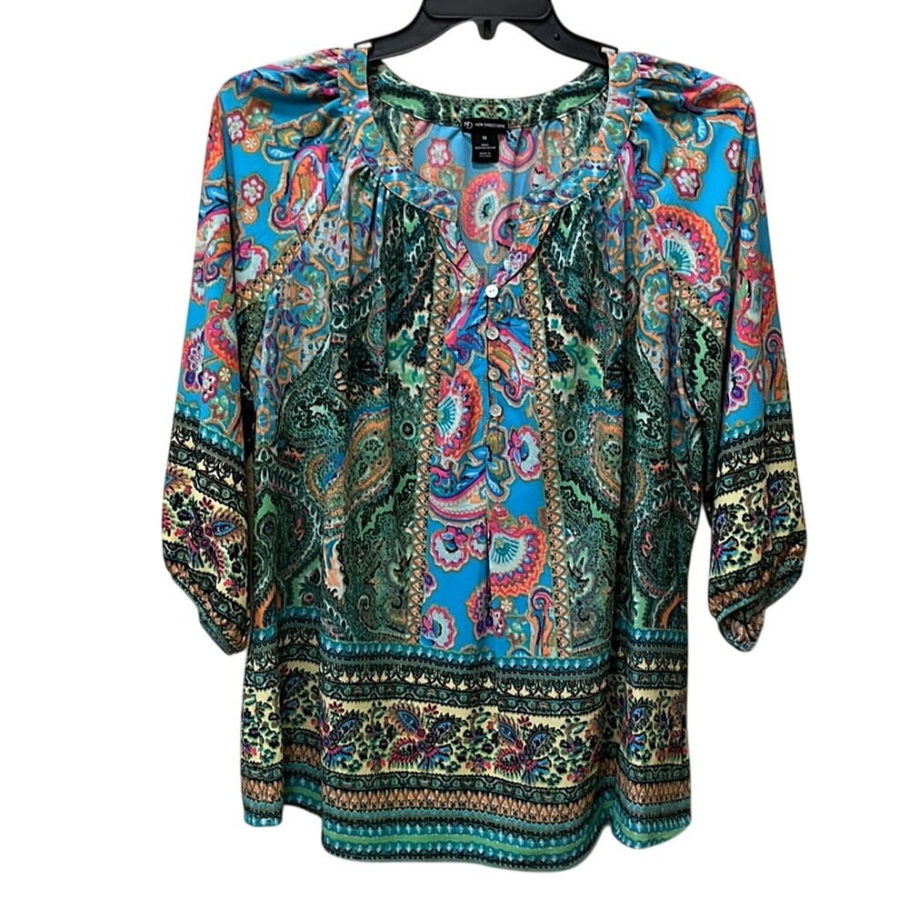 New Directions Womens 1X Paisley Floral Print 3/4 Sleeve Boho Blouse Blue Green